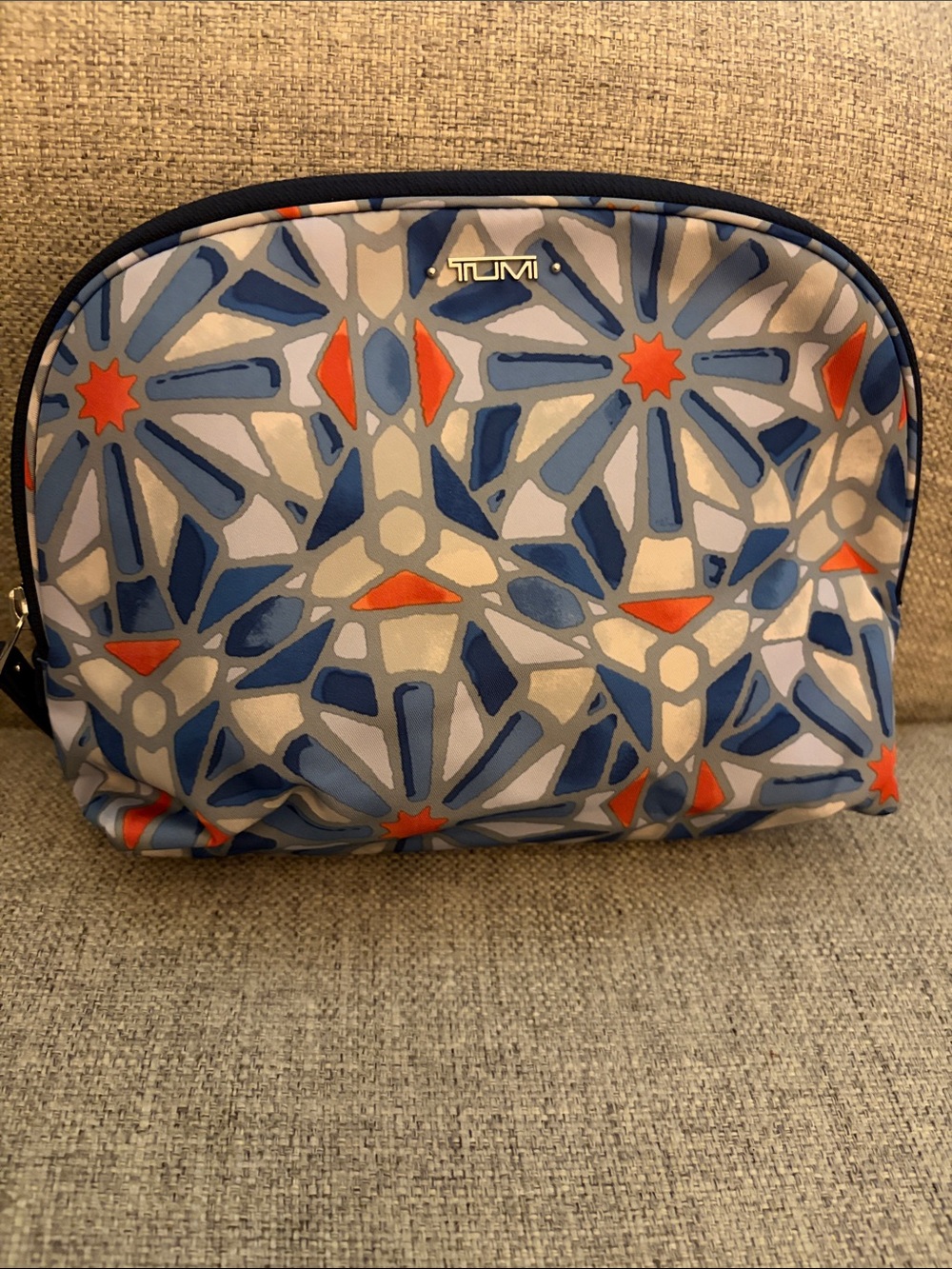 Tumi Printed Cosmetic Pouch in Blue, Orange & Gray